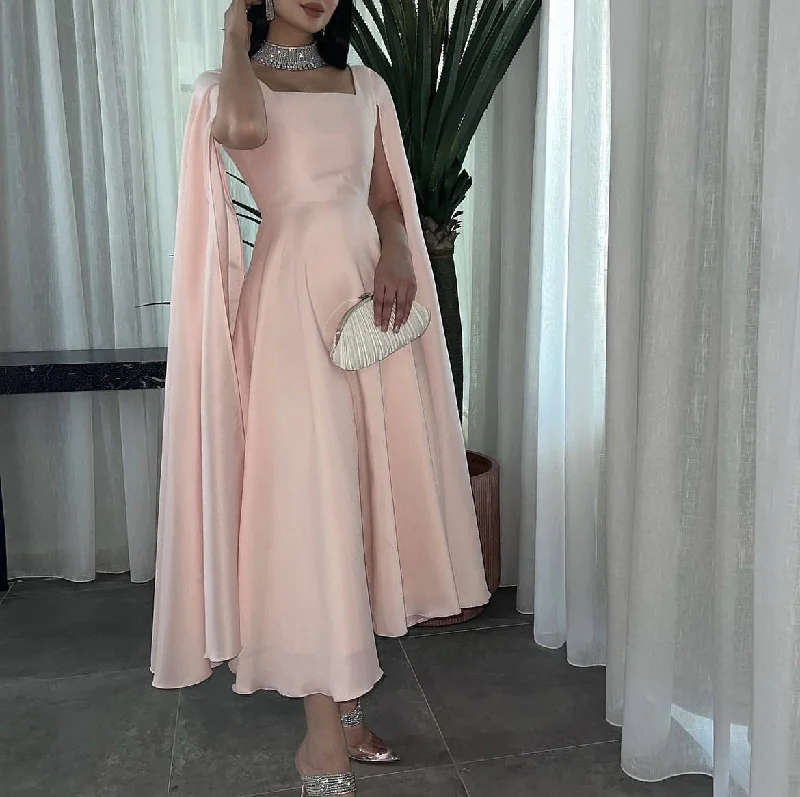 Massive Deals sleeveless dresssleeveless dressElegant Long Pink Prom Dresses A Line Square Collar Chiffon Cape Ankle Length Short Party Gown for Women Y4612