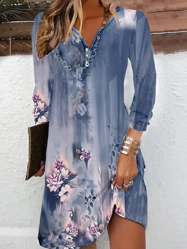 Midnight Sale Floral Print Notched Neck Dress, Vintage Long Sleeve Mini Dress