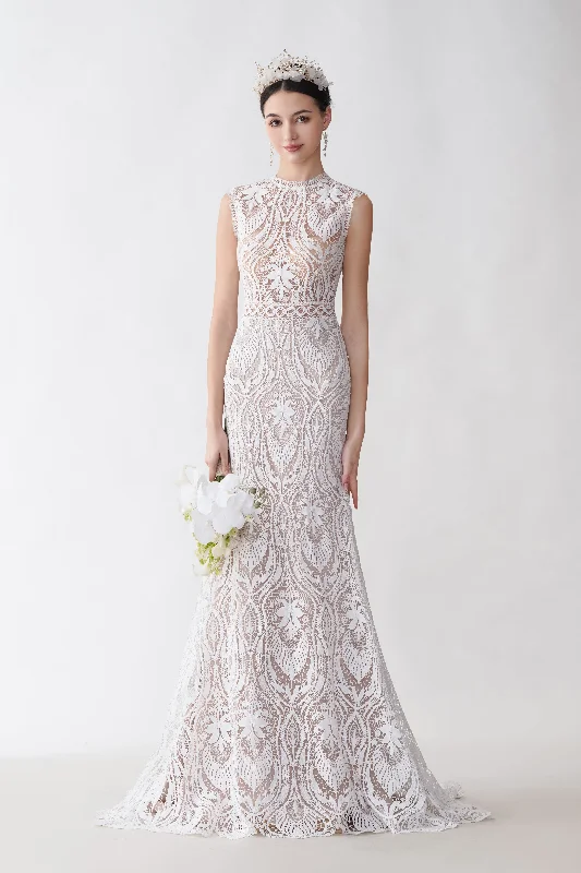 Reduced Prices Beautiful Lace Crew Neck Trumpet Wedding Dress GJS2426