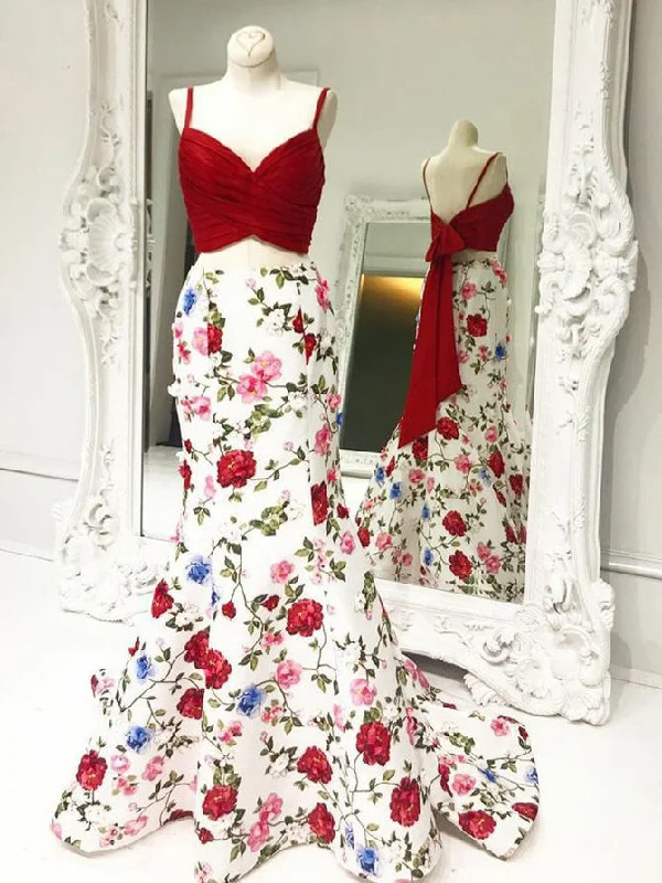 Don't Wait Mermaid Prom Dresses Spaghetti Straps Floral Print Long Prom Dress Sexy Evening Dress JKL543