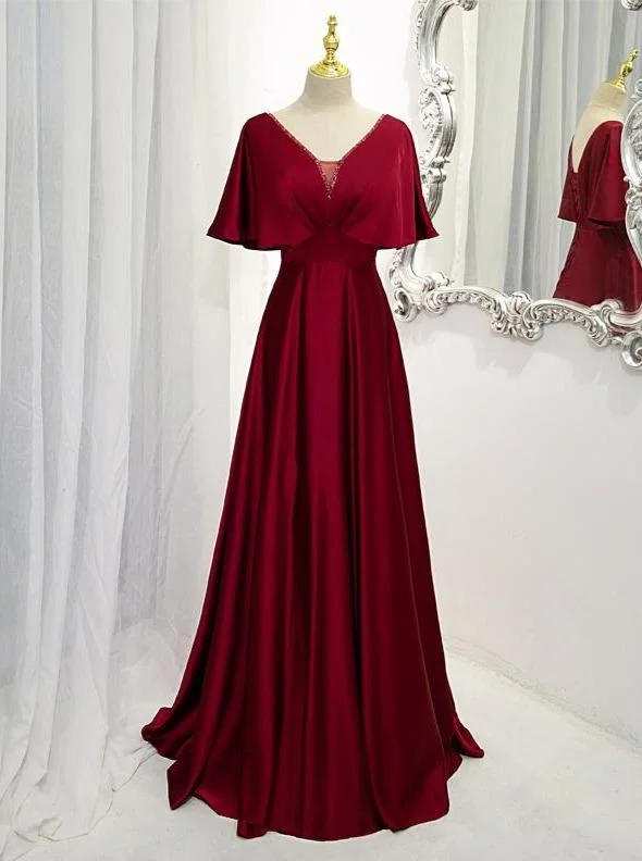 Super Deal chic slip dresschic slip dressDark Red Satin A-line Floor Length Evening Dress, Wedding Guest Dresses Y1439