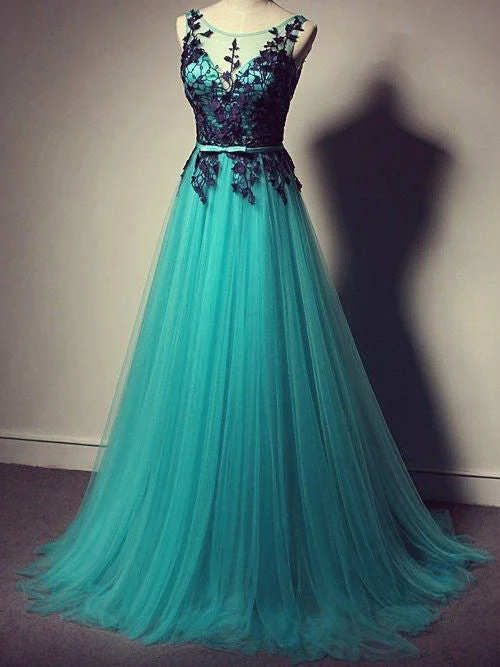 Price Cut Beautiful Prom Dresses Scoop A-line Lace Long Tulle Prom Dress/Evening Dress JKL076