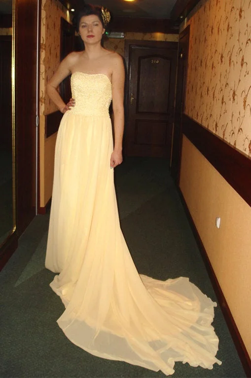 Amazing Deals A-line Strapless Floor Length Chapel Chiffon Paillette Prom Dress