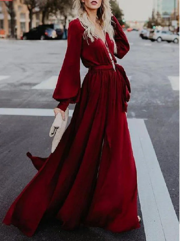 Special Price Long Sleeve Prom Dresses V-neck A-line Floor-length Simple Cheap Prom Dress JKL1517
