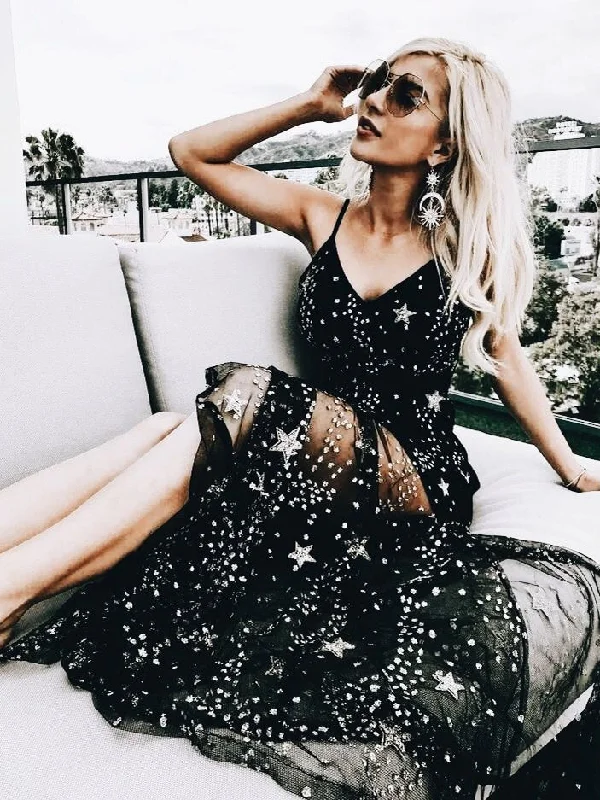 Special Price Sparkly Black Prom Dresses Spaghetti Straps Aline Star Lace Long Prom Dress JKL1118