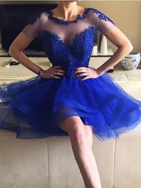 Blowout Deals Royal Blue Homecoming Dress Asymmetrical Scoop Short Prom Dress Party Dress JK339