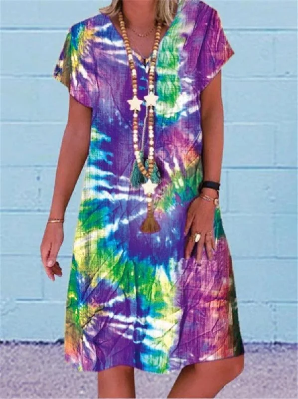 New Deals casual day dresscasual day dressMulti-color printed short-sleeved V-neck dress