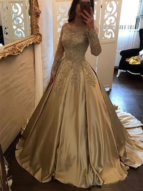 Fantastic Deals Long Sleeve Prom Dresses Sweep Train Sparkly Prom Dress Ball Gown Evening Dress JKL1142
