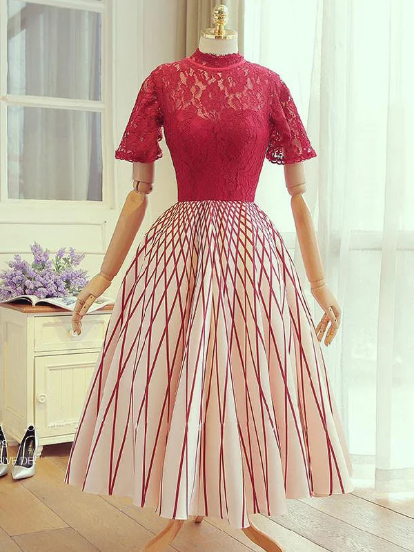 Markdowns Chic Homecoming Dress Red Lace High Neck Short Prom Dress Party Dress JK307