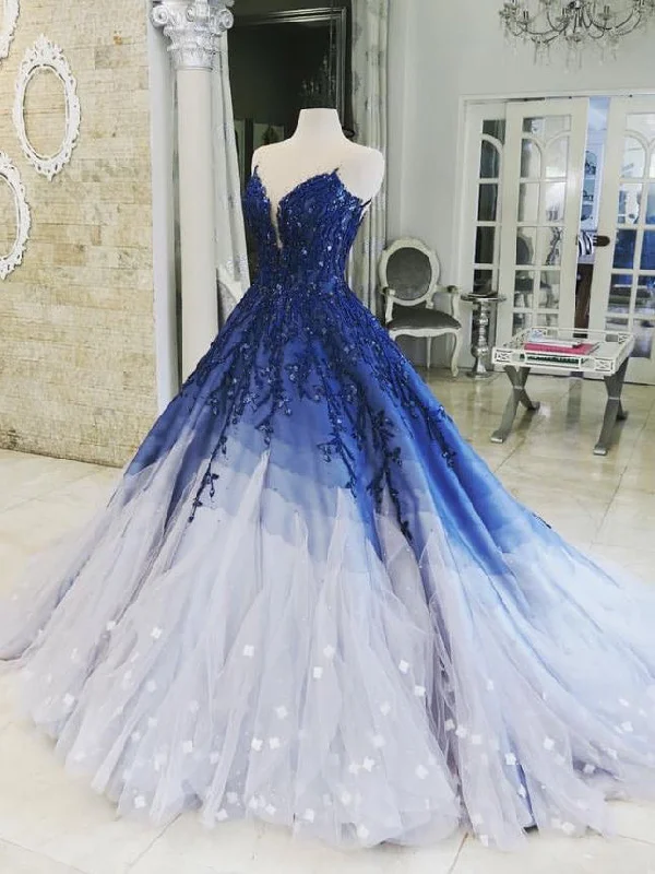 Mega Sale Ball Gown Prom Dresses Scoop Appliques Long Chic Luxury Ombre Big Prom Dress JKL1450