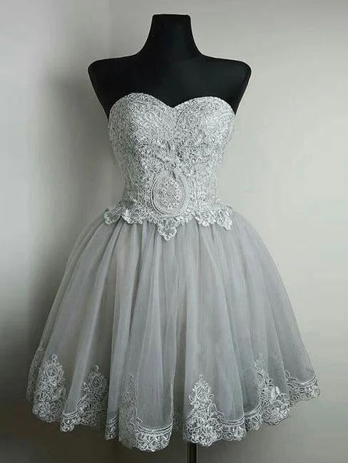 Can't Be Beat Sweetheart Homecoming Dress Silver Appliques Tulle Short Prom Dress Party Dress JK428
