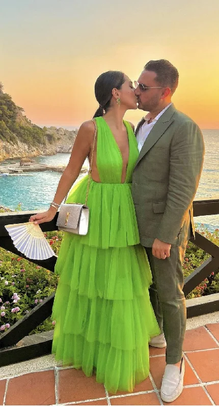 Deal Dash wool dresswool dressElegant A-line V Neck Green Tiered Tulle Prom Dress,Green Prom Gown Y5143