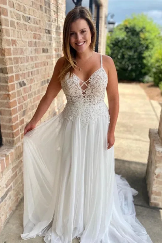 While Supplies Last V Neck Open Back White Lace Long Prom Wedding Dresses with Train GJS703