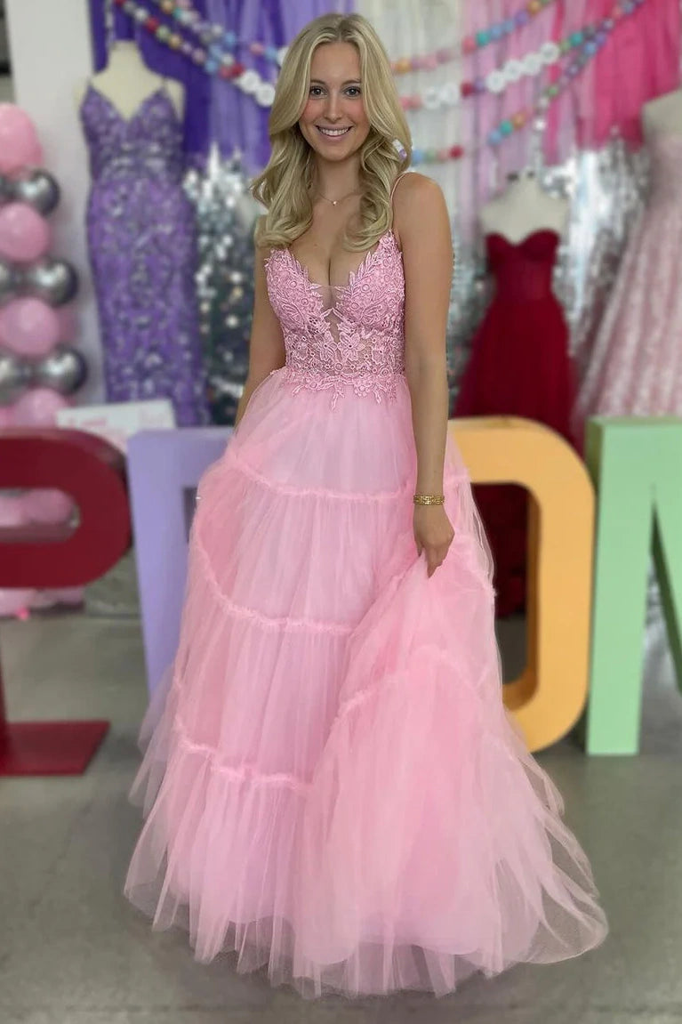 Amazing Deals flowy evening dressflowy evening dressV-Neck Spaghetti Straps Appliques Tulle A-Line Prom Dress