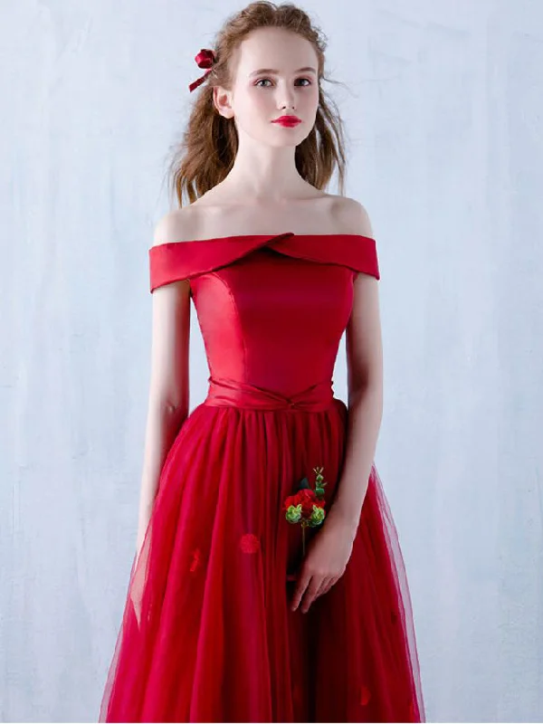 Big Savings Burgundy Prom Dress Off-the-shoulder Floor-length Prom Dress/Evening Dress JKL084
