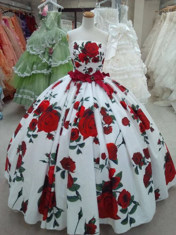 Daily Deals Ball Gown Prom Dresses Strapless Rose Floral Print Red and White Long Prom Dress JKL1350