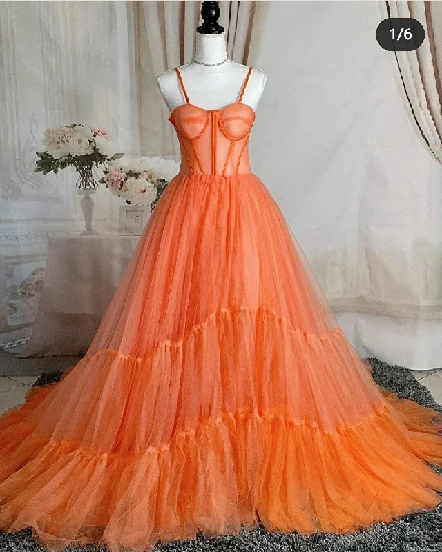 Discount Mania flowy evening dressflowy evening dressSpaghetti Straps Orange Tulle Evening Dress,Sexy Prom Gown Y1243