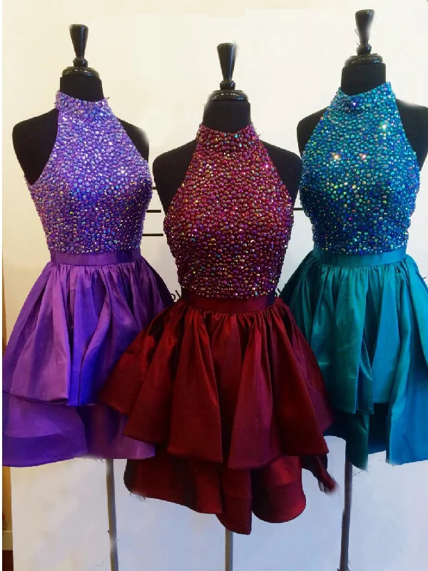 Weekend Deal Chic Homecoming Dress Rhinestone High Neck Short Prom Dress Party Dress JK283