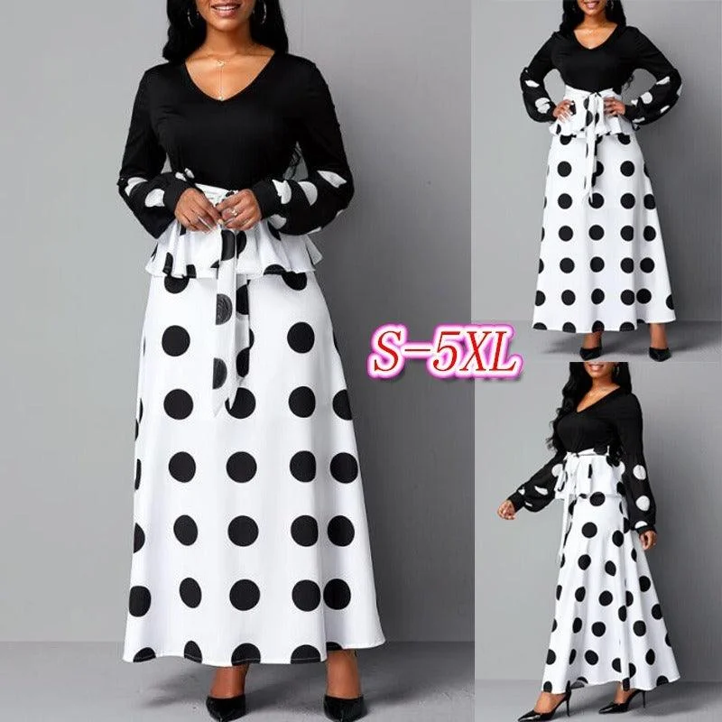 Hot Deal comfy dresscomfy dressWomen's mesh stitching high waist Polka Print Dress