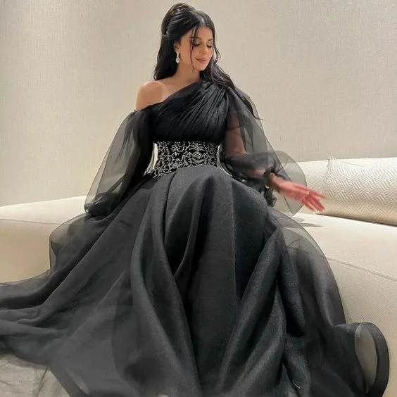 Crazy Deals chic dresschic dressBlack Irregular Neckline Tulle Long Prom Dress,Black Glam Dress Y4616