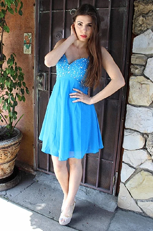 Special Price A-line Spaghetti Strap Knee Length Chiffon Rhinestone Prom Dress