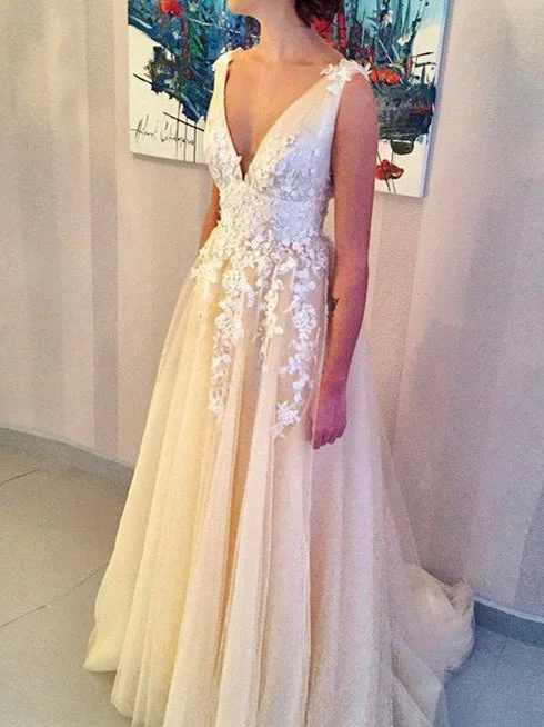 Sale Event Chic Prom Dresses V-neck Sweep/Brush Train Tulle Ivory Sexy Prom Dress/Evening Dress JKL234