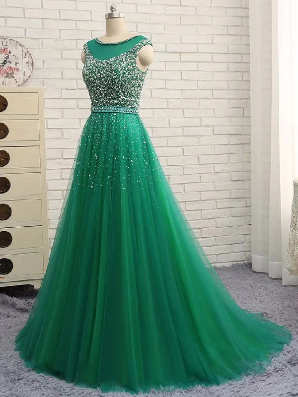 Closeout Hunter Green Prom Dresses A-line Short Train Tulle Long Prom Dress/Evening Dress JKS124