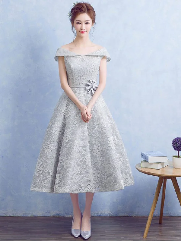 Deal Frenzy Cute Silver Homecoming Dress Off-the-shoulder Lace Short Prom Dress Party Dress JK316