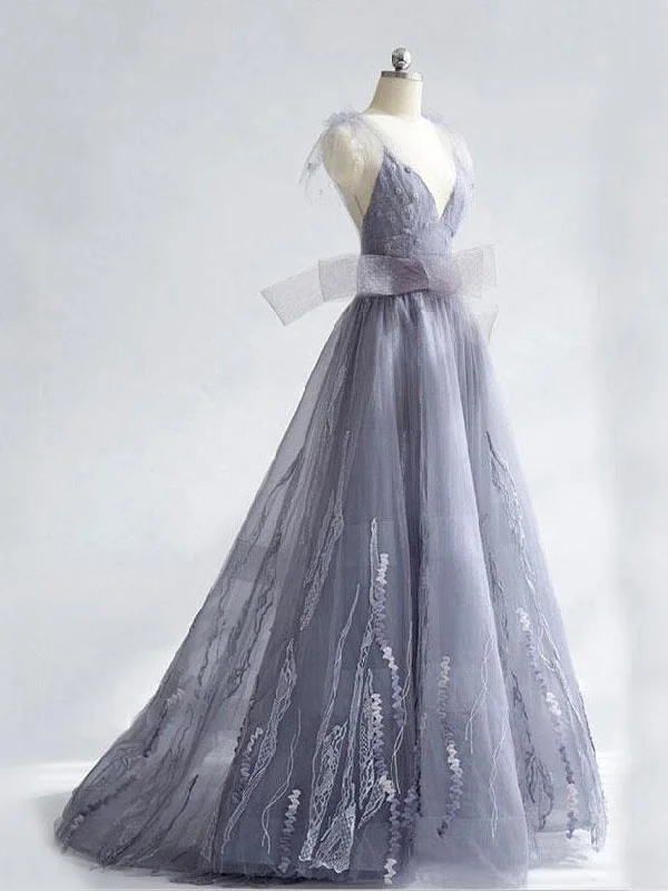 Deal Dash Fairy Prom Dresses V-neck Sweep Train Long Beautiful Lace Prom Dress JKL829