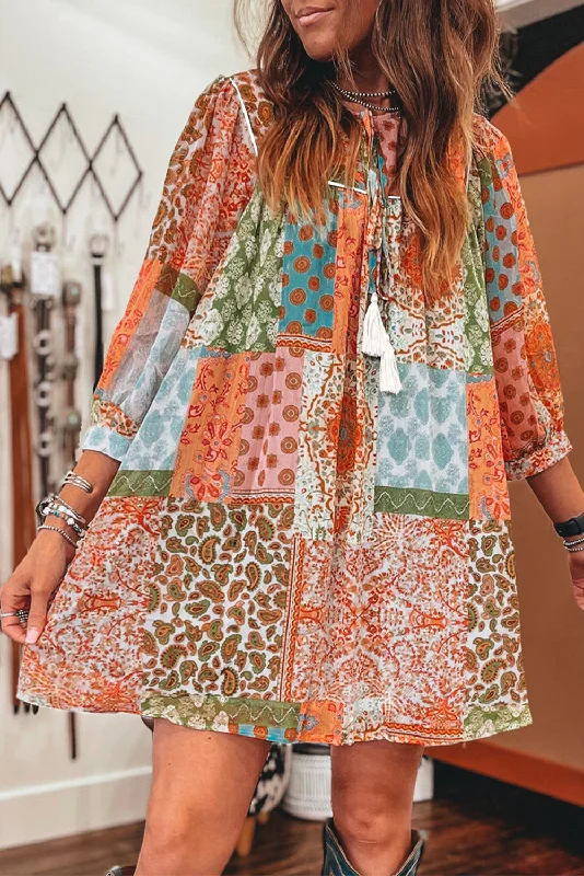 Limited Time Offer Orange Boho Paisley Mixed Print 3/4 Sleeve Chiffon Loose Dress