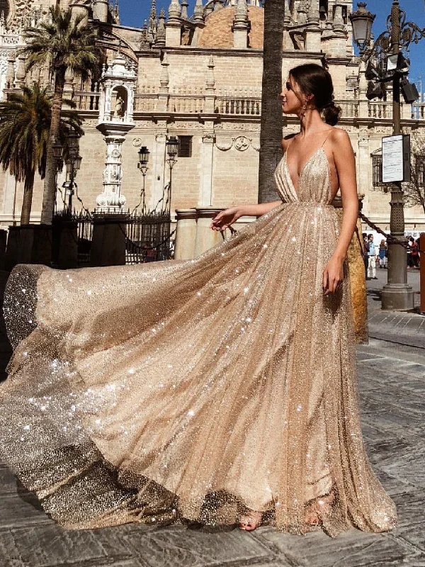 Clearance Items Open Back Prom Dresses A Line Spaghetti Straps Gold Sweep Train Sparkly Prom Dress JKL1180