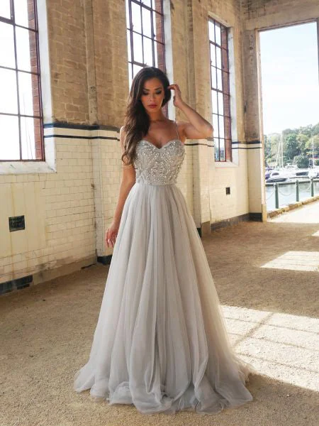 Final Markdown Chic Silver Prom Dresses Spaghetti Straps A-line Long Prom Dress/Evening Dress JKL296