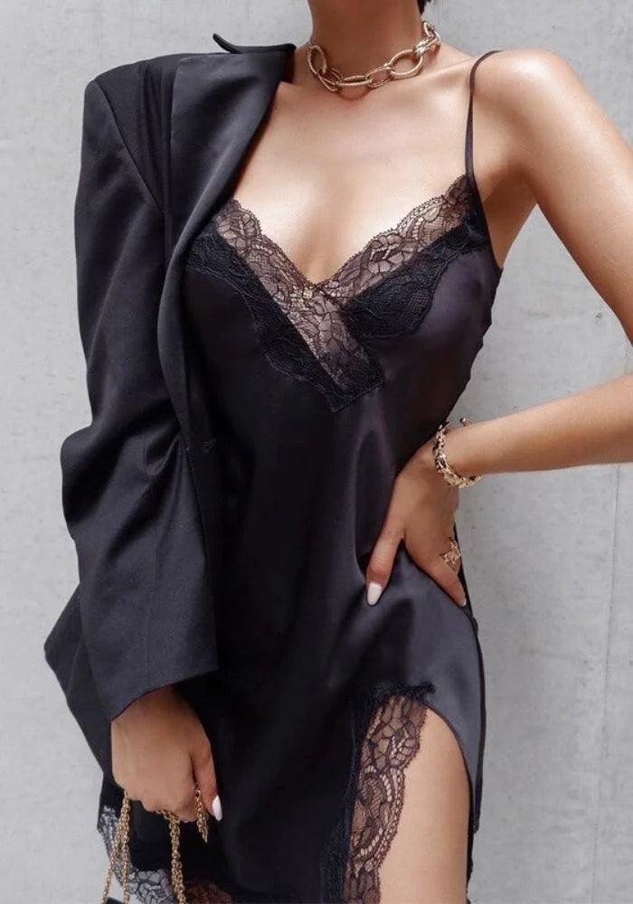 Major Savings textured dresstextured dressBlack Lace Trim Satin Mini Dress