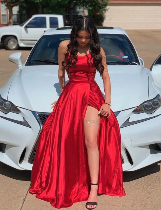 While Supplies Last v-neck dressv-neck dressRed Satin Long Prom Gown,Front Slit Evening Dresses,Floor Length Prom Dresses Y516