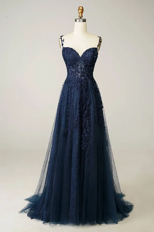Deep Discounts chic wrap dresschic wrap dressDark Navy A-line V Neck Tulle Applique Boning Long Prom Dress Deep Discounts chic wrap dresschic wrap dressDark Navy A-line V Neck Tulle Applique Boning Long Prom Dress