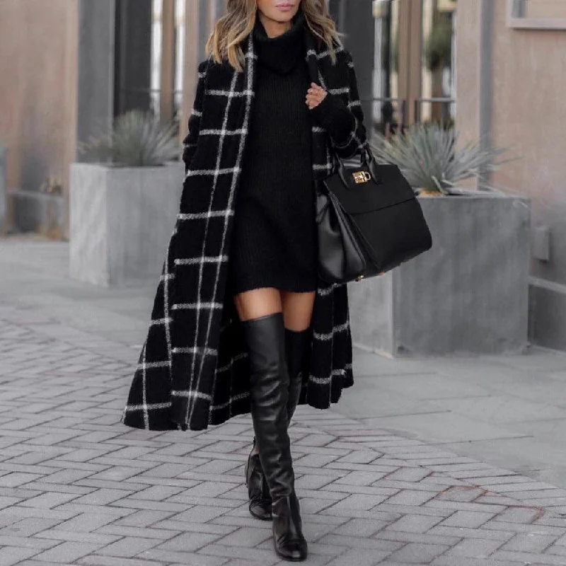 Hurry In v-neck dressv-neck dressCross-Border Women's Long Coat Plaid Brushed Woolen Coat Belt
