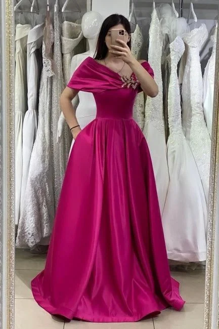 Limited Time off-shoulder dressoff-shoulder dressFuchsia Off The Shoulder Satin Long Sexy Prom Dress With Pocket Y5149