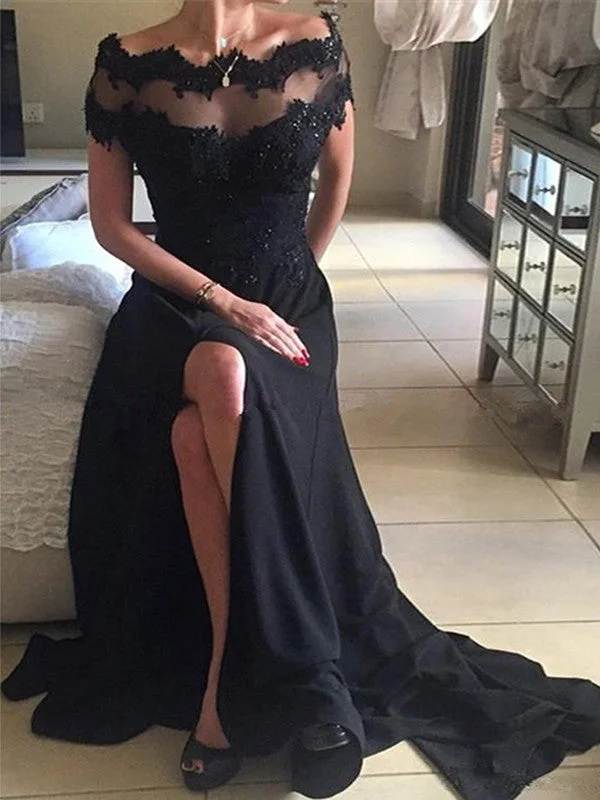 Early Bird Discount Black prom dress ?Lace Off-the-shoulder Scoop 2022 Long Prom Dress Evening Dress MK0506