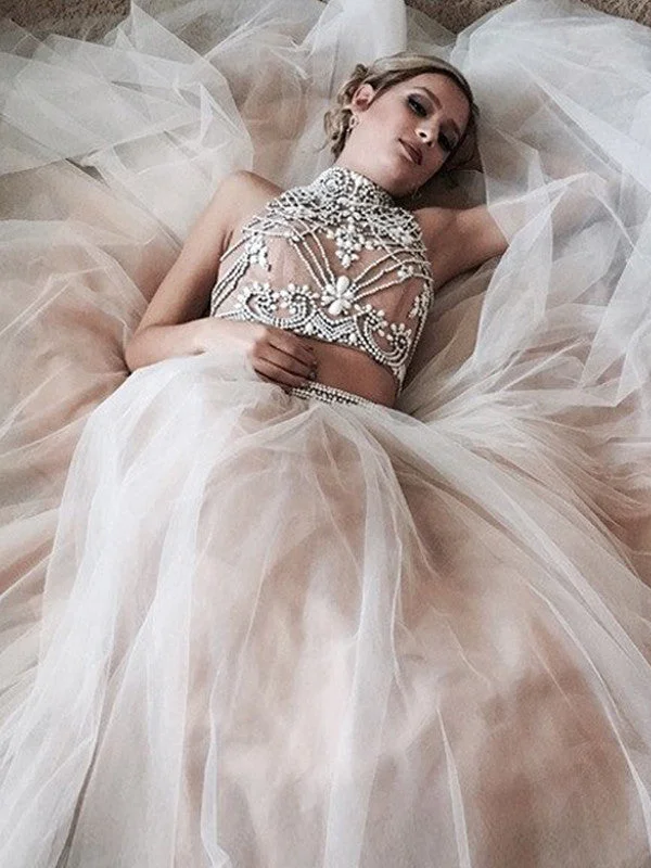 Discount Deals Two Piece Prom Dress A-line High Neck Prom Dress/Evening Dress with Open Back JKS320