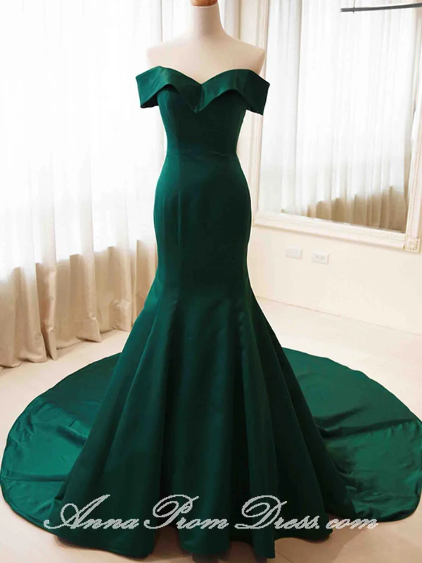 Super Sale Green Prom Dresses Trumpet Mermaid Sweep Train Off-the-shoulder Long Prom Dress JKL602