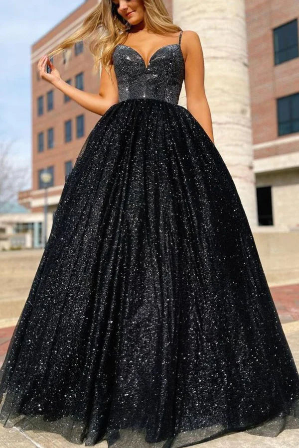 Customer Appreciation Sale Sparkly A Line Black Spaghetti Straps V Neck Long Prom Dresses GJS746