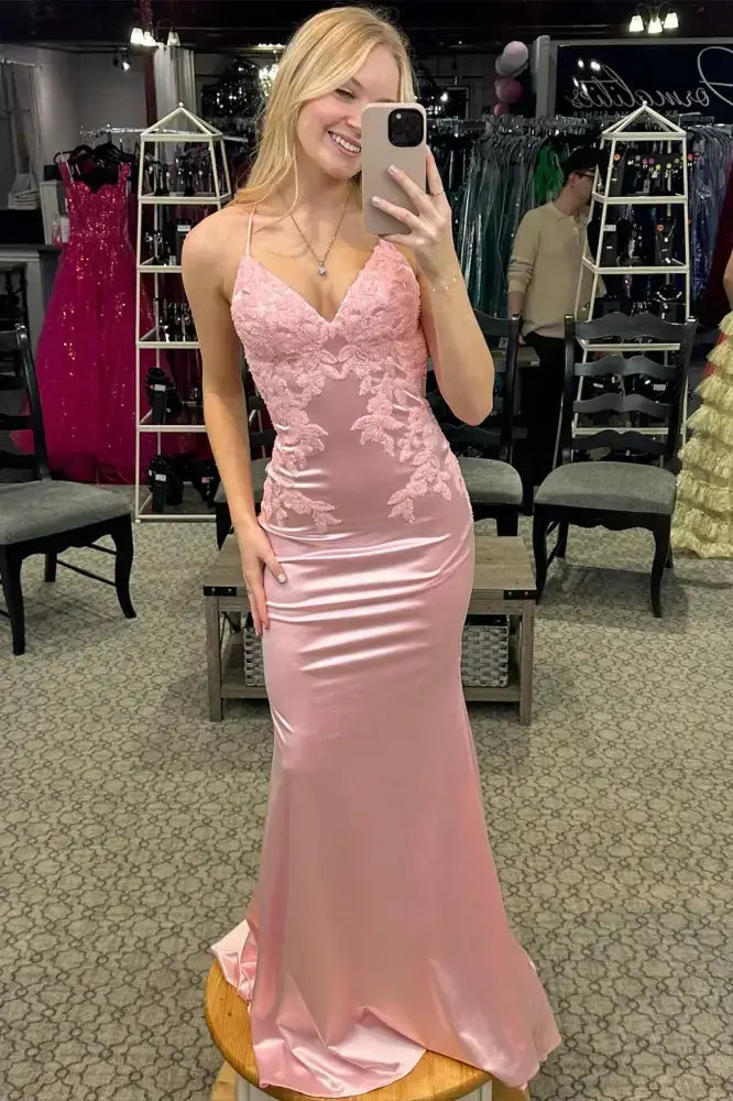 Mega Deal boho-chic dressboho-chic dressPink V-Neck Spaghetti Straps Appliques Mermaid Prom Dress