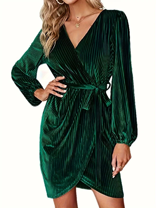 Buy More, Save More Solid Velvet Lantern Sleeve Dress, Tie-waist Surplice Neck Wrap Dress