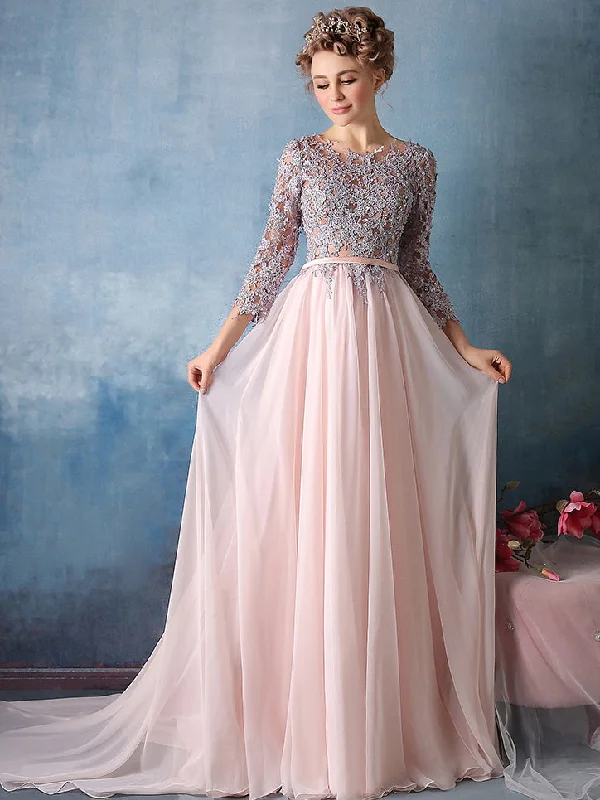 Amazing Deals Long Cute Prom Dresses Scoop Appliques Chiffon Prom Dress/Evening Dress JKL083