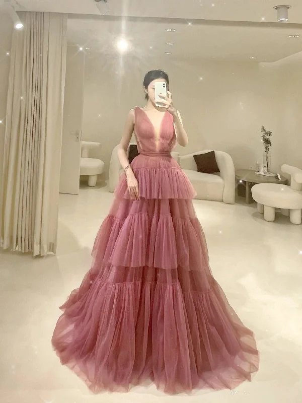 Overstock Sale wrap dresswrap dressV Neck Tiered Sleeveless Tulle Prom Dress, Gorgeous Long Party Dress  Y4988
