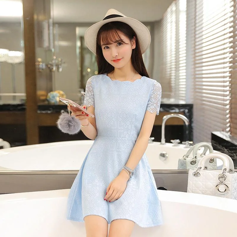 Best Bargains tiered dresstiered dressPure color lace short sleeve dress trend