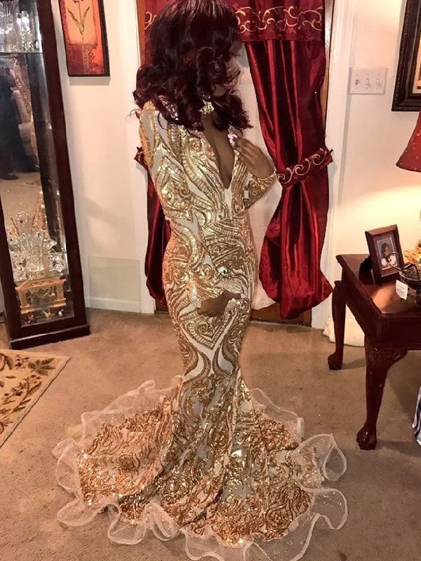 Super Deal Long Sleeve Prom Dresses Mermaid V-neck Gold Long Luxury Prom Dress JKL1016