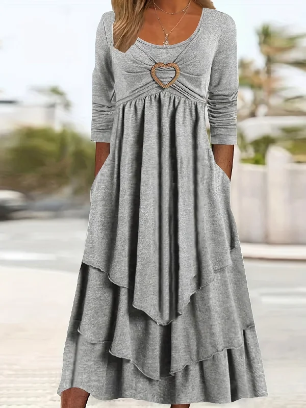 Early Access Women's Plain Long Sleeve Layered Heart Ring Decor Round Neck Maxi Dress