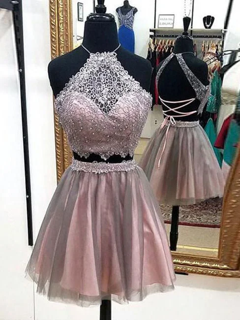 Online Only Two Piece Homecoming Dress Sexy Lace Halter Tulle Short Prom Dress Party Dress JK384