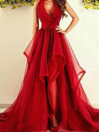 Price Slash Sexy Prom Dresses Asymmetrical Halter Burgundy Long Prom Dress/Evening Dress JKL091